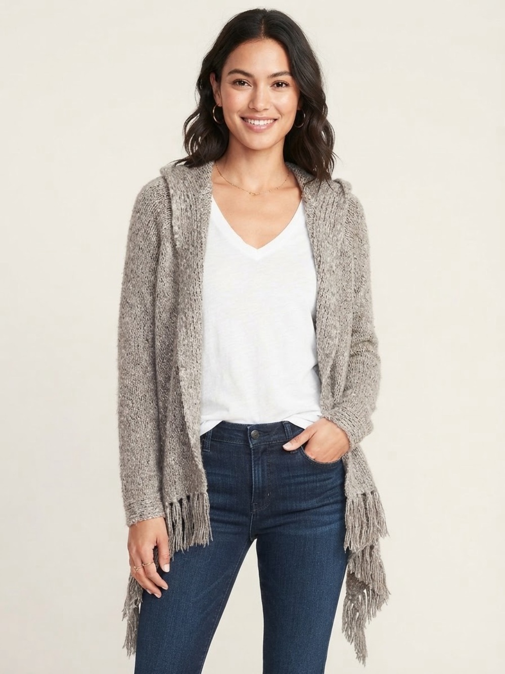 Open-Front Hooded Fringe Cardigan Sweater - Taupe